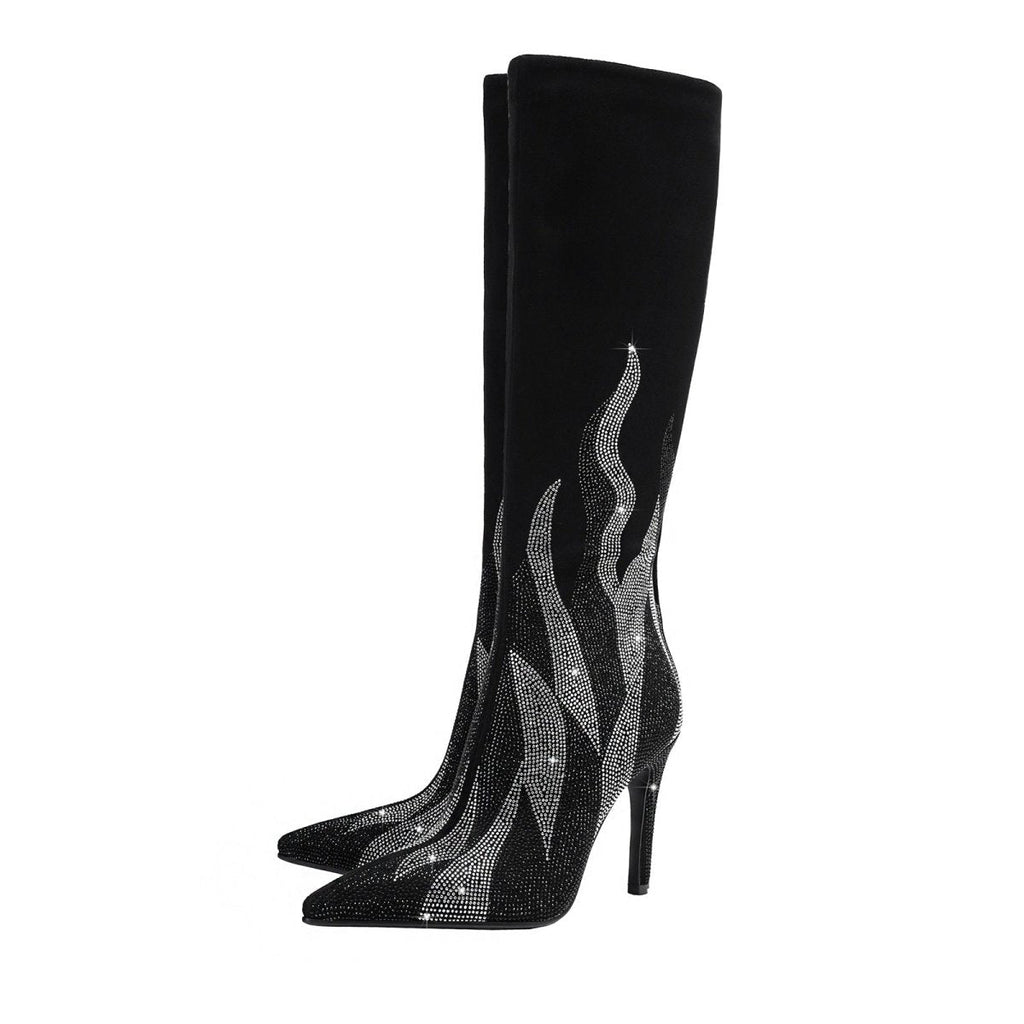 Black and Silver Flaming Hot Knee High Boots