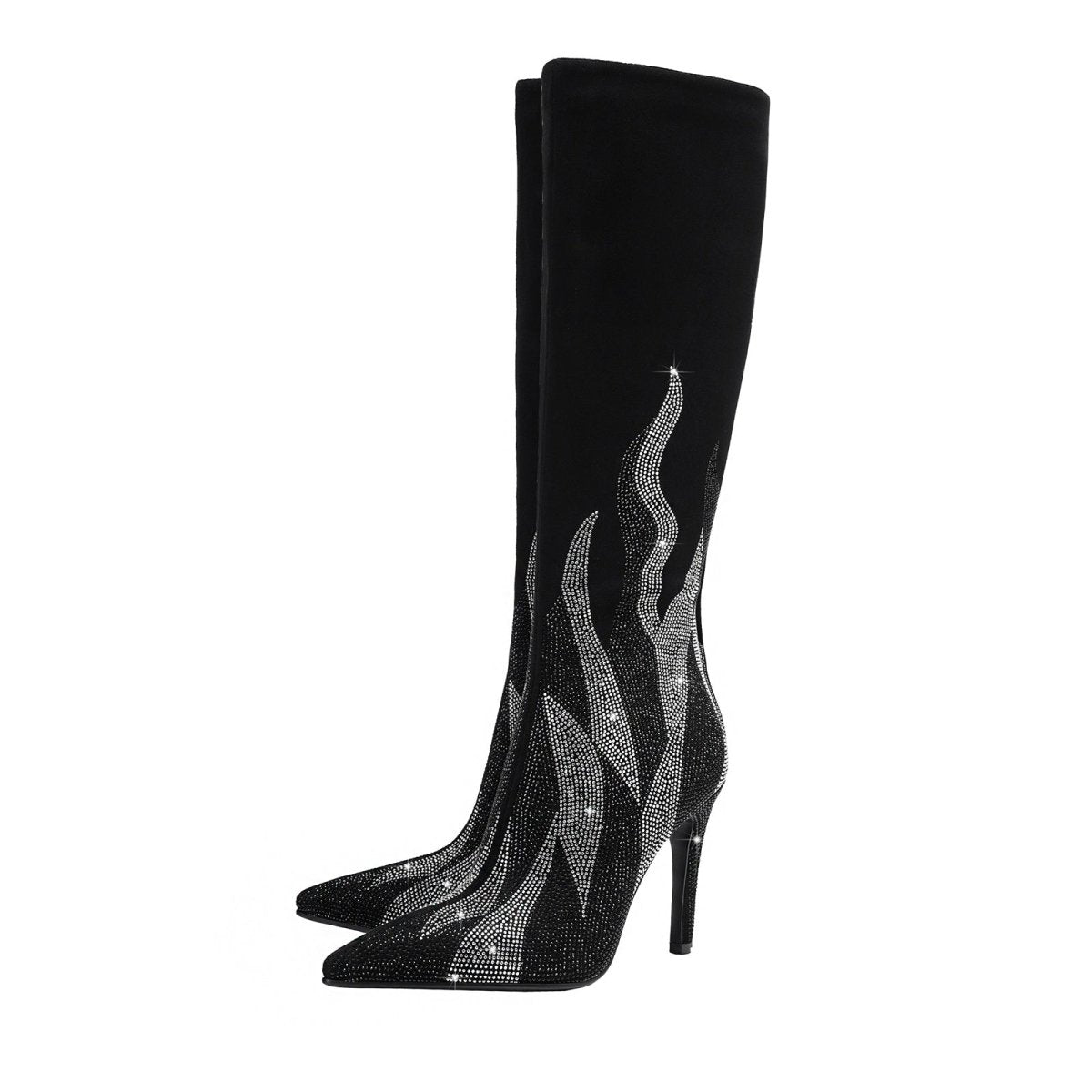 Black and Silver Flaming Hot Knee High Boots