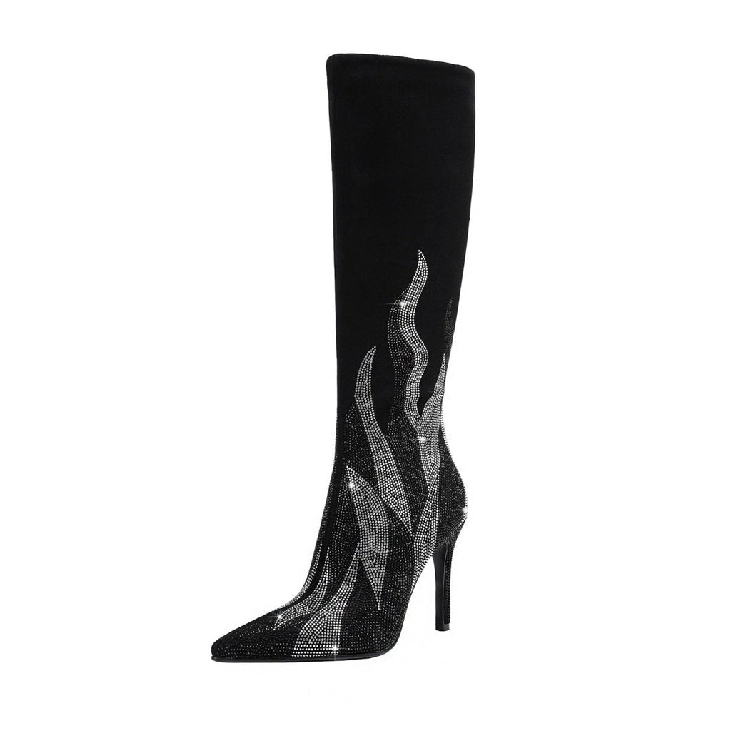 Black and Silver Flaming Hot Knee High Boots