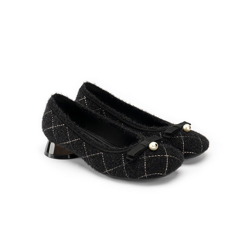 Classic Bow Tweed Quilted Pumps – Pearl Detail Block Heel Shoes