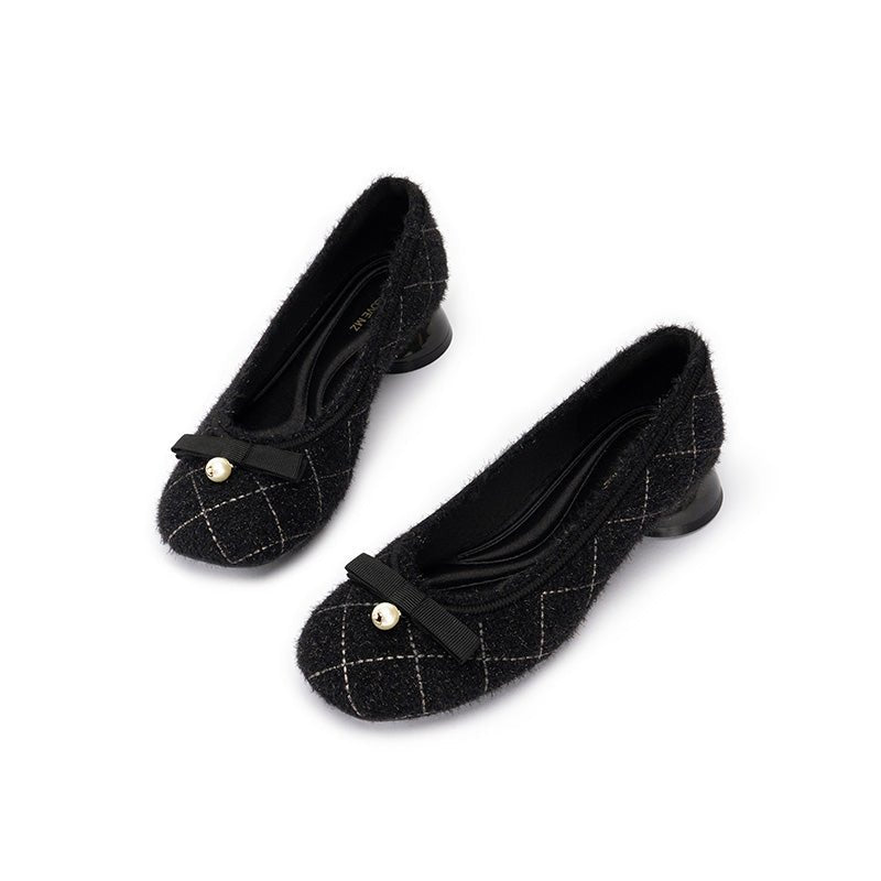 Classic Bow Tweed Quilted Pumps – Pearl Detail Block Heel Shoes