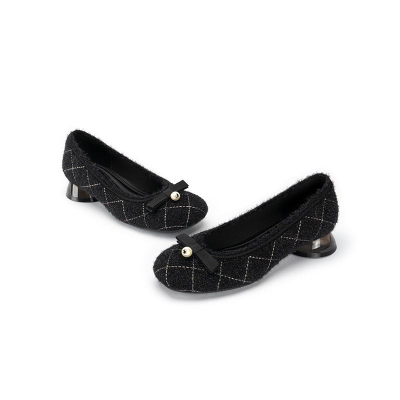 Classic Bow Tweed Quilted Pumps – Pearl Detail Block Heel Shoes