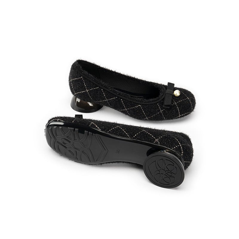 Classic Bow Tweed Quilted Pumps – Pearl Detail Block Heel Shoes
