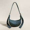Luna Denim Crescent Shoulder Bag – Sculptural Y2K Hobo Bag with Adjustable Grommet Strap