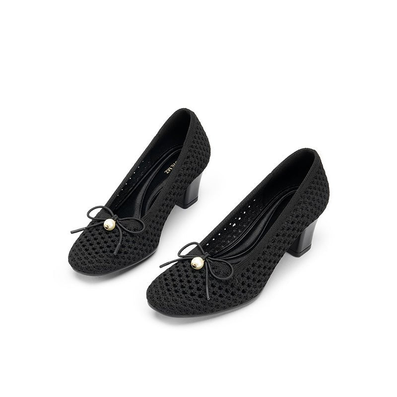Pearl Bow Mesh Knit Round Toe Pumps – Breathable Block Heel Work Shoes