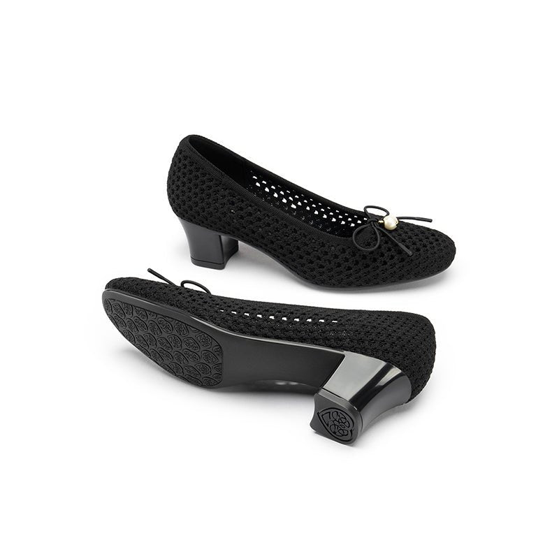 Pearl Bow Mesh Knit Round Toe Pumps – Breathable Block Heel Work Shoes