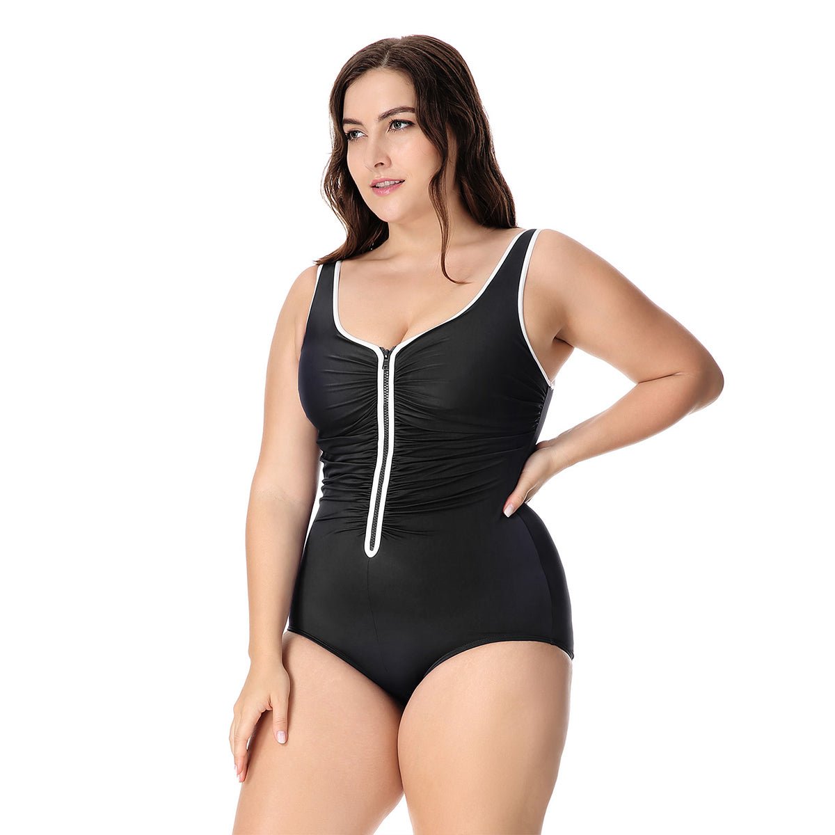 Plus Size Zip Front Tummy Control One-Piece Swimsuit